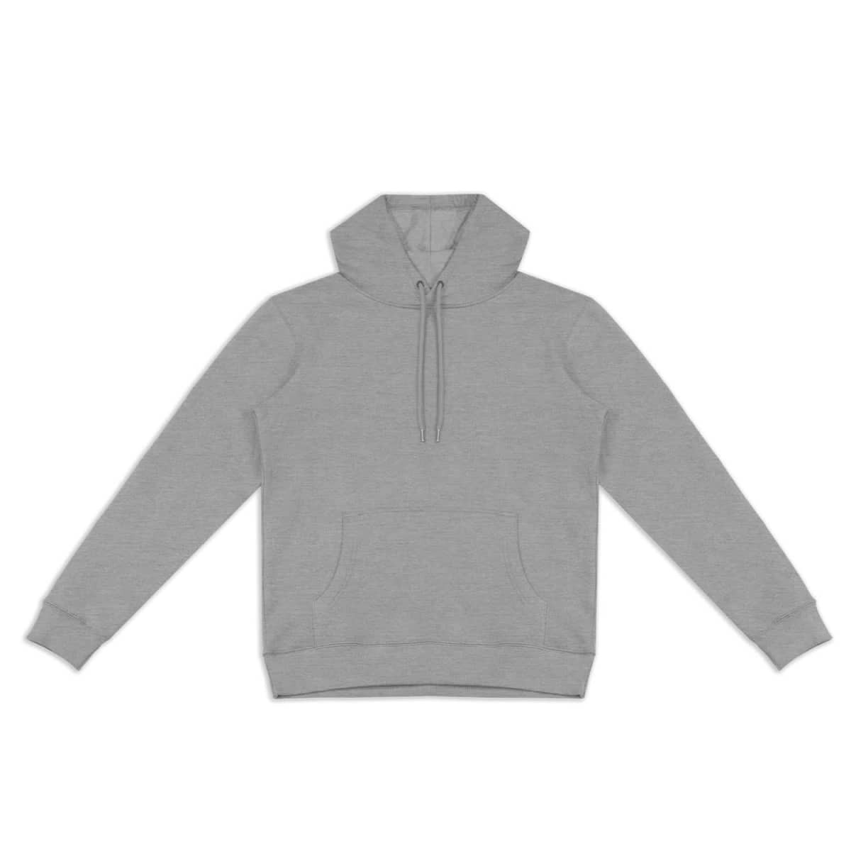 A grey unisex hoodie with a kangaroo pocket and a drawstring hood, featuring a logo on the front.